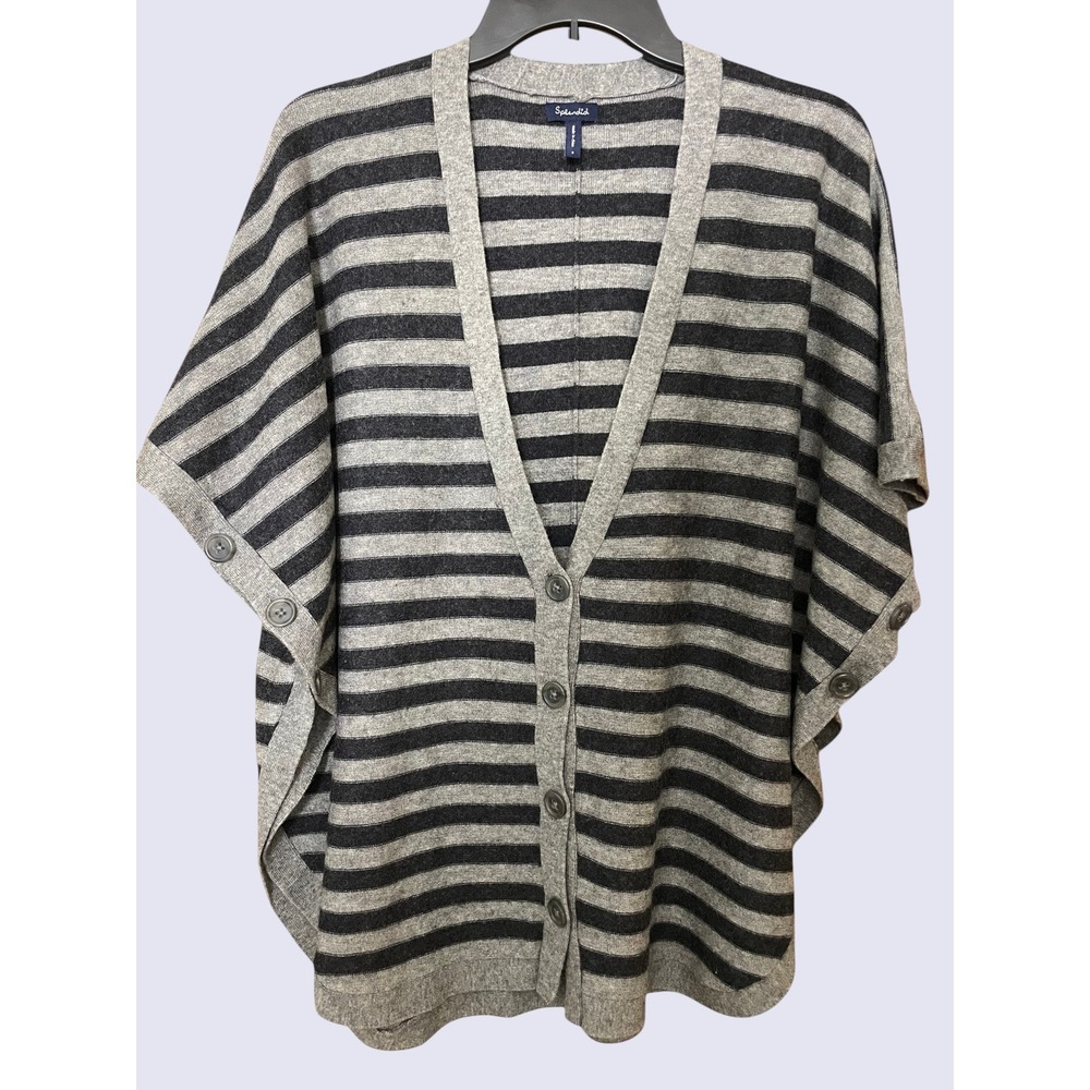 Splendid Gray Stripe Wool Cashmere Button Up Cape Poncho Cardigan S Minimalist